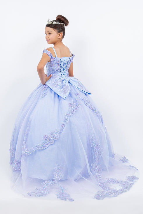 Girls Blue Floral See-Through Corset Two-Tone Embroidery Off Shoulder Ball Gown 2-16